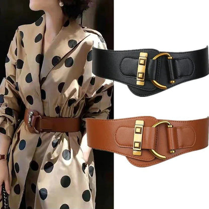 Mandotos designer women's burgundy leather waist cummerbund belt with wide stretch fit and gold buckle.