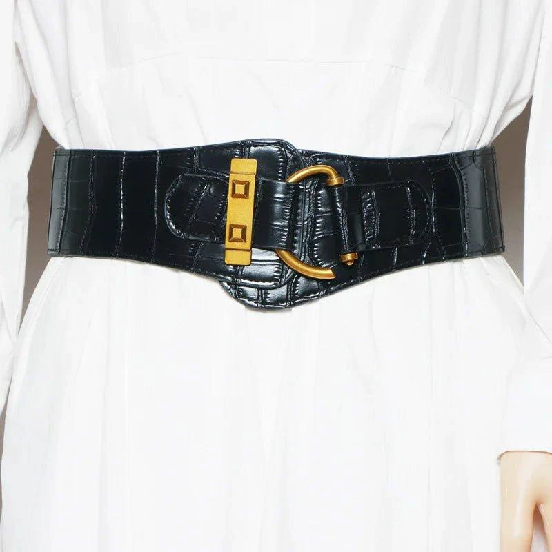 Mandotos designer women's burgundy leather waist cummerbund belt with wide stretch and gold buckle, stylish and elegant accessory.