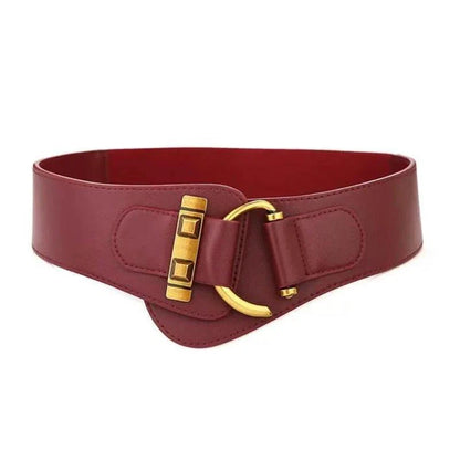 Mandotos designer women's burgundy leather waist cummerbund belt with wide gold buckle and stretch fit.