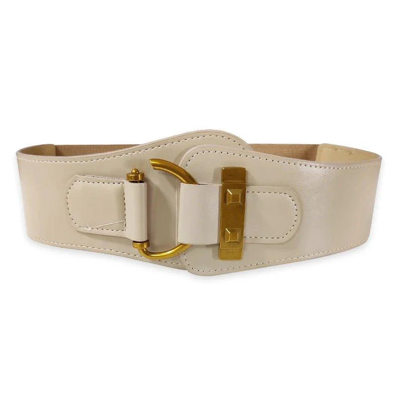 Mandotos women's burgundy leather waist cummerbund belt with wide stretch and gold buckle for a stylish, elegant look.