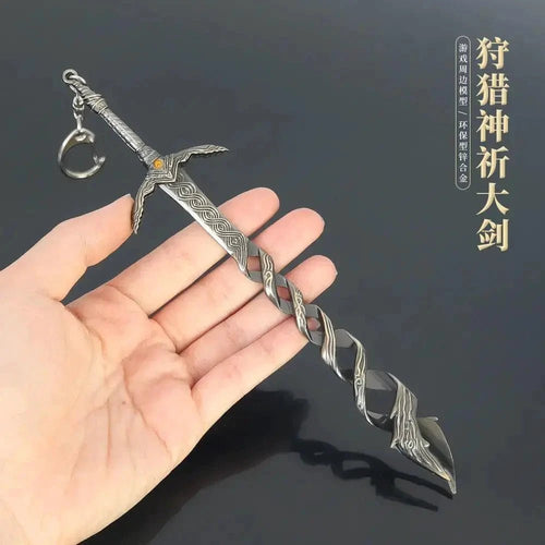 Mandotos Elden Ring God Sword replica, 22cm metal collectible sword with detailed design and display stand.