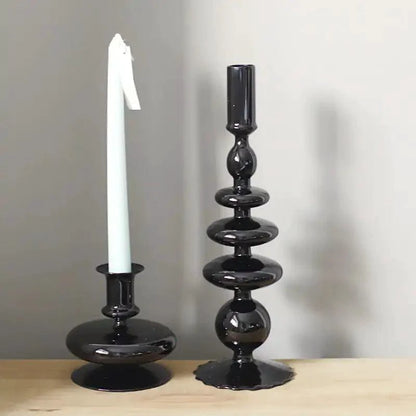 Mandotos Elegant Rue glass candlestick holder in black glass, perfect as a table decor centerpiece or gift idea.