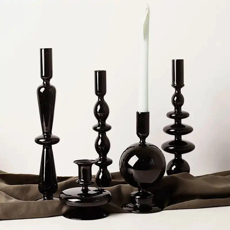 Mandotos black glass candlestick holder with elegant design, ideal as a table centerpiece or gift for home decor.