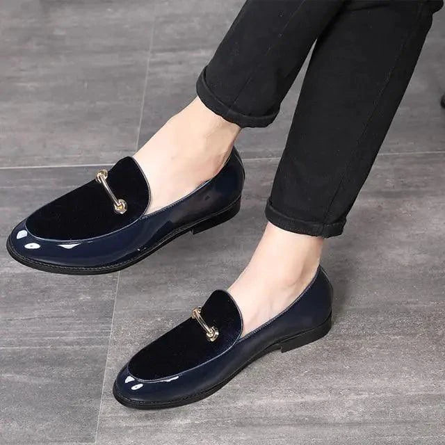 Mandotos men's navy slip-on leather loafers with classic design and premium leather construction.