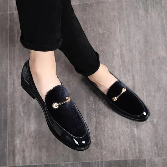 Mandotos men's navy leather loafers, slip-on dress shoes with premium leather construction and classic design.