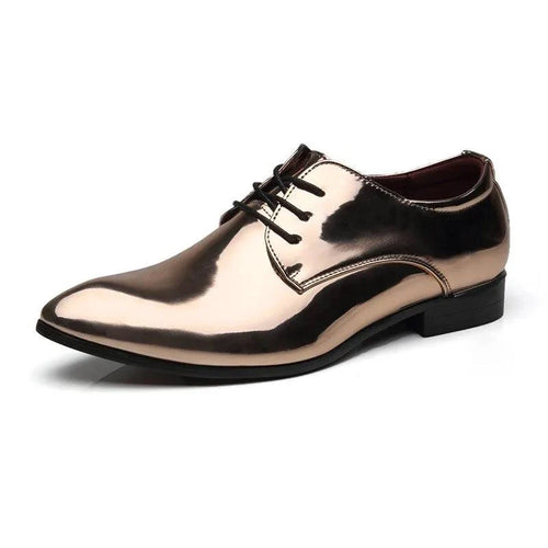 Mandotos metallic rose gold men's dress shoes with a formal office silhouette, featuring sleek design and polished finish.