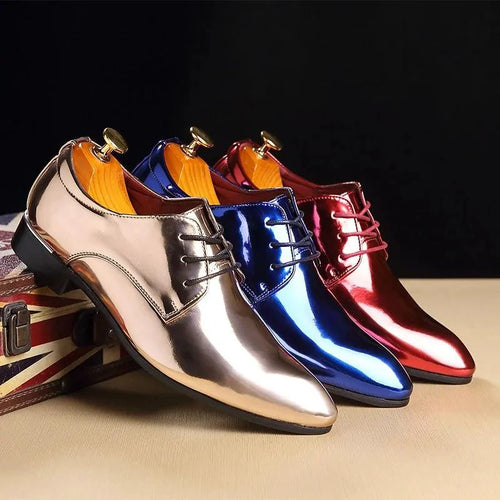 Mandotos metallic rose gold men's dress shoes with a classic silhouette, formal office footwear, shiny metallic finish.