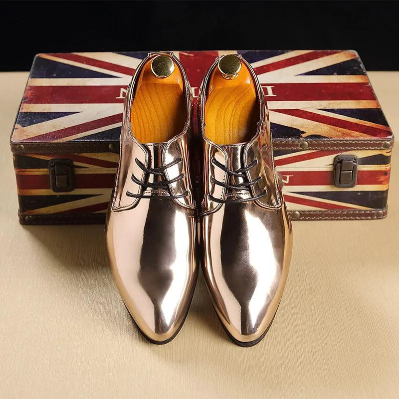 Mandotos metallic rose gold men's dress shoes with a formal office footwear classic silhouette and sleek design.