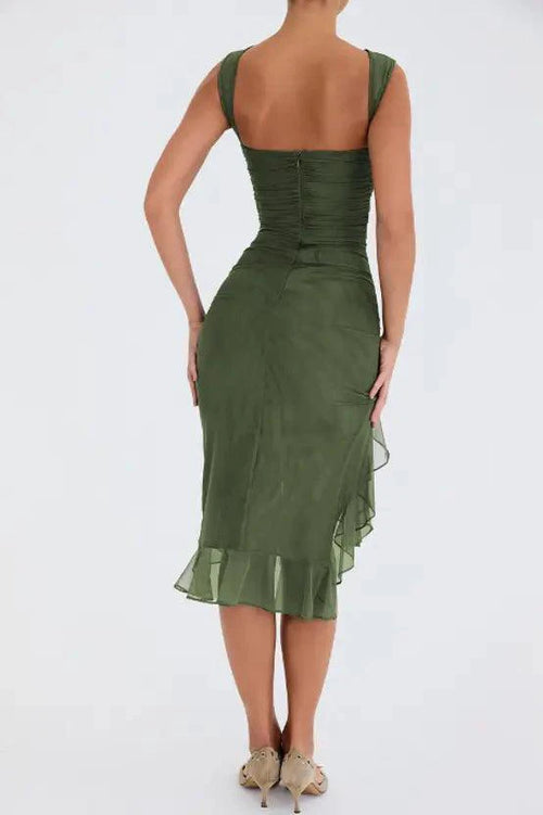 Mandotos olive green ruffled midi dress with ruched bodice and tiered hem, perfect for summer wear.