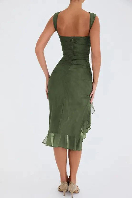 Mandotos olive green ruffled midi dress with ruched bodice and tiered hem, perfect for summer wear.