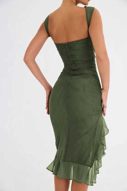 Mandotos olive green ruffled midi dress with ruched bodice and tiered hem, perfect for summer wear.
