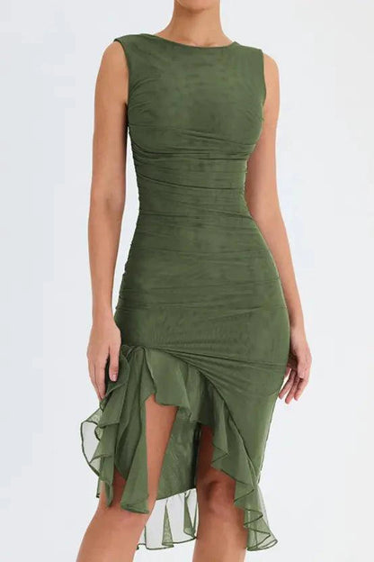Mandotos olive green ruffled midi dress with ruched bodice and tiered hem, perfect for summer wear.