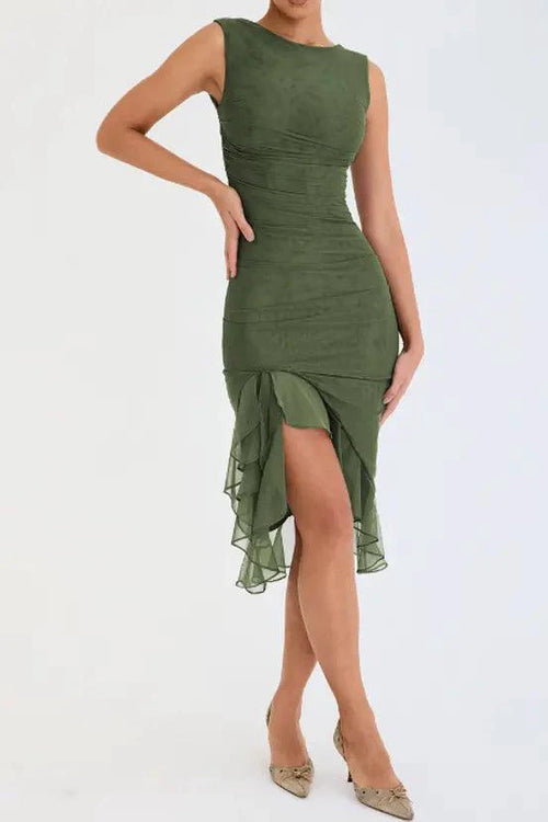 Mandotos olive green ruffled midi dress with ruched bodice and tiered hem, perfect for summer wear.