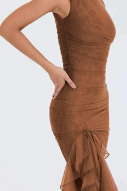 Olive green Mandotos ruffled midi dress with ruched bodice and tiered hem, perfect for summer wear.