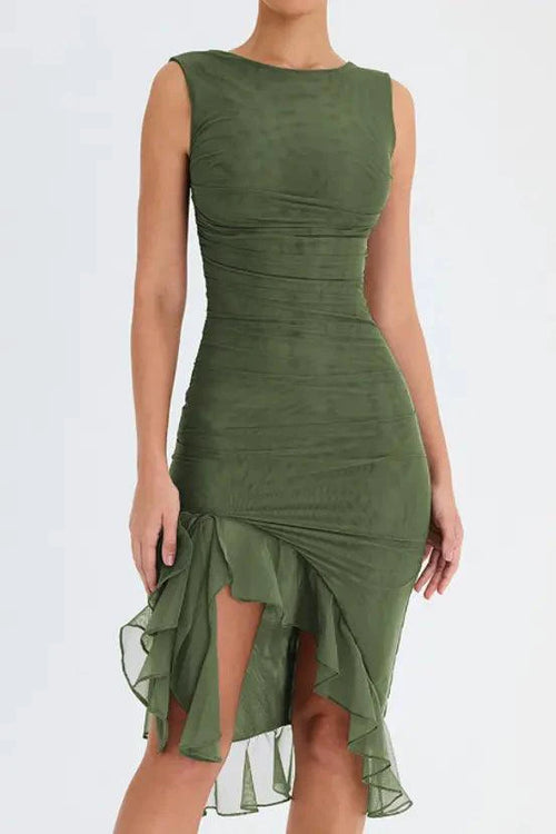 Olive green Mandotos ruffled midi dress with ruched bodice and tiered hem, perfect for summer wear.