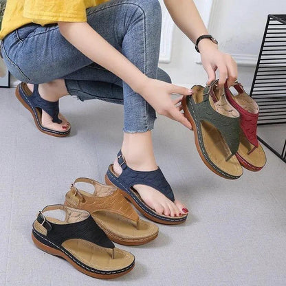 Mandotos women's wedge heel sandals with casual flip flops design, solid color, lightweight and comfortable for all-day wear.