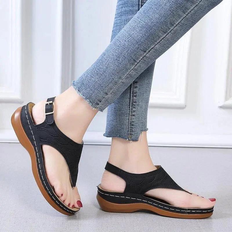 Mandotos women's wedge heel sandals with casual flip flop design, solid color, lightweight and comfortable for all-day wear