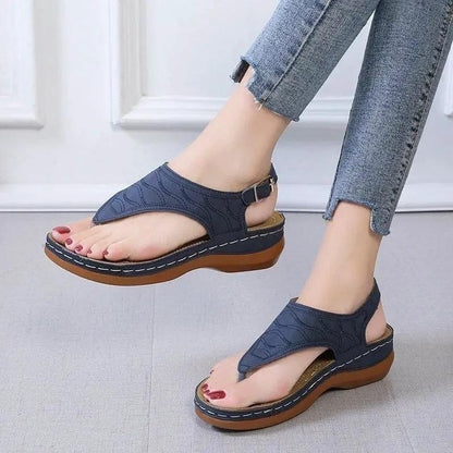Mandotos women's wedge heel sandals with casual flip flops style, solid color, lightweight design, and comfortable all-day wear.