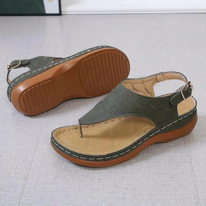 Mandotos women's wedge heel sandals with casual flip-flops style, solid color, lightweight design, and comfortable all-day wear.