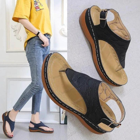 Mandotos women's wedge heel sandals in solid color with casual flip flop style, lightweight and comfortable for all-day wear.