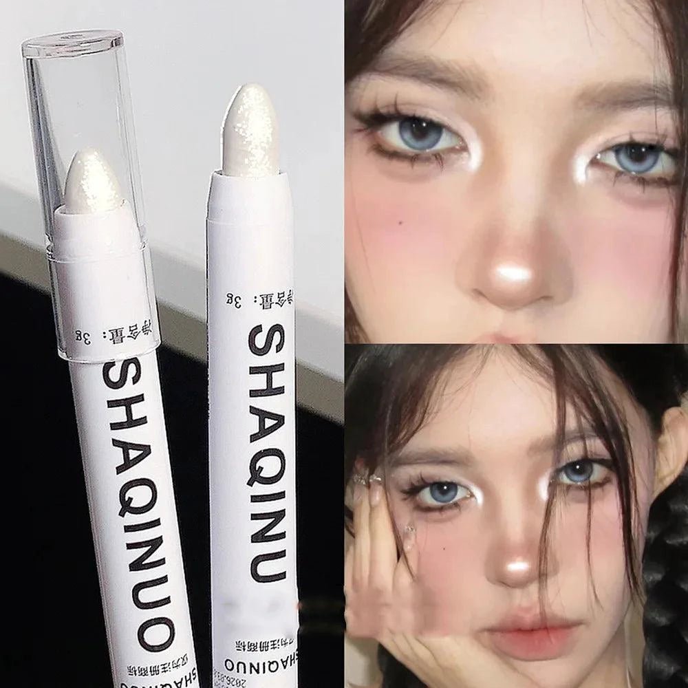 Mandotos matte eyeshadow stick with white eyeliner and shimmer silver highlighter in a cream formula, displayed on a neutral background.
