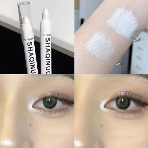Mandotos matte eyeshadow stick with white eyeliner and shimmer silver highlighter in cream formula, shown in close-up.
