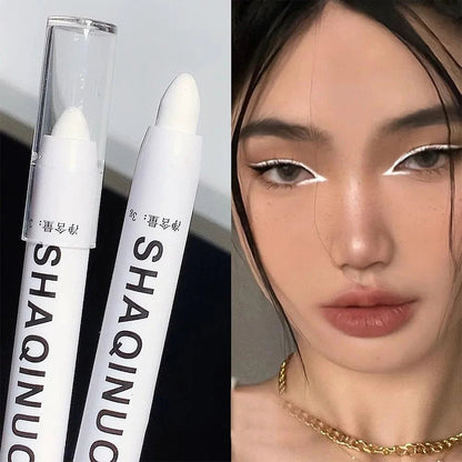 Mandotos matte eyeshadow stick with white eyeliner and shimmer silver highlighter in cream formula, shown in sleek pen design.