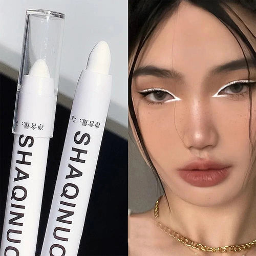 Mandotos matte eyeshadow stick with white eyeliner and shimmer silver highlighter in cream formula, shown in sleek pen design.