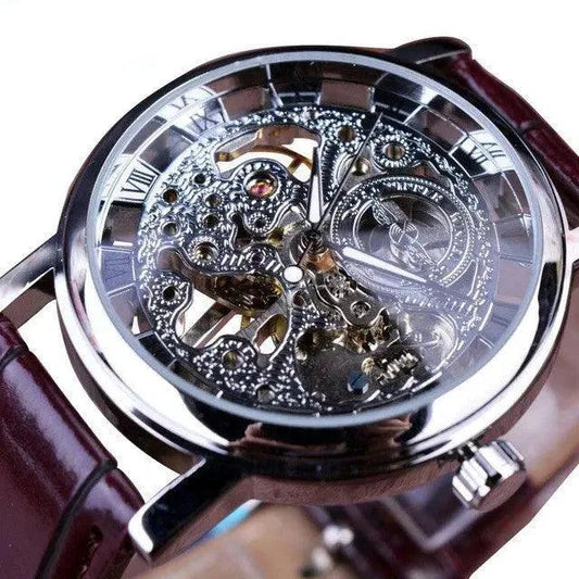 Mandotos men's mechanical watch with black dial, stainless steel case, and leather strap, showcasing classic watch design.
