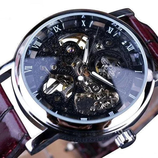 Mandotos men's mechanical watch with stainless steel band and black dial, showcasing classic and stylish timepiece design