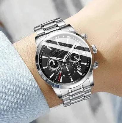Mandotos men's fashion sport quartz watch with black dial and stainless steel strap, stylish men's wristwatch for sports and casual wear.