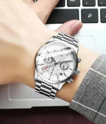 Mandotos men's sport quartz watch with black dial and silver band, stylish men's fashion watch for active wear.