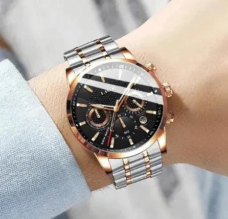 Mandotos men's fashion sport quartz watch with black dial and stainless steel band, stylish men's wristwatch for everyday wear.