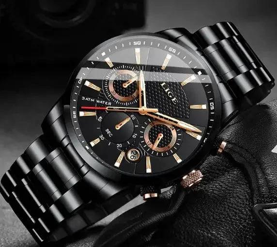Mandotos men's fashion sport quartz watch with black dial and silver stainless steel band, stylish men's wristwatch.