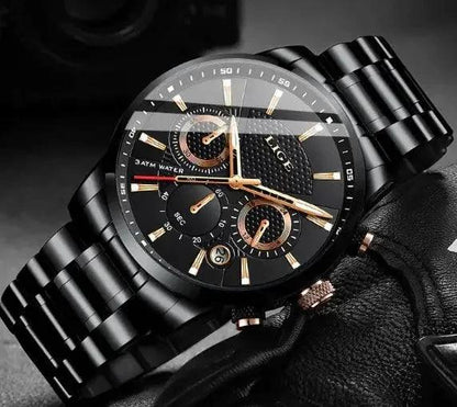 Mandotos men's fashion sport quartz watch with black dial and silver stainless steel band, stylish men's wristwatch.