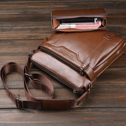 Mandotos men's messenger bag made of durable leather with adjustable shoulder strap and multiple compartments.