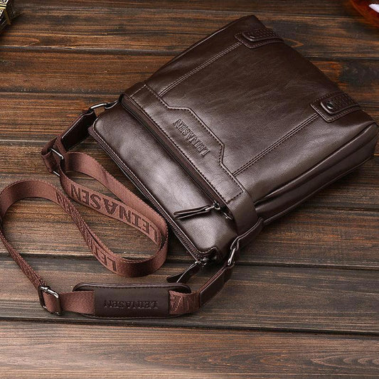 Mandotos men's messenger bag in black with adjustable shoulder strap and multiple compartments for everyday use.