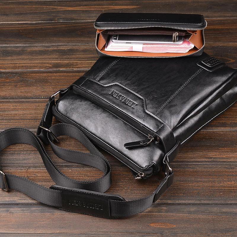 Mandotos men's messenger bag made of durable leather, featuring adjustable shoulder strap and multiple compartments for storage.