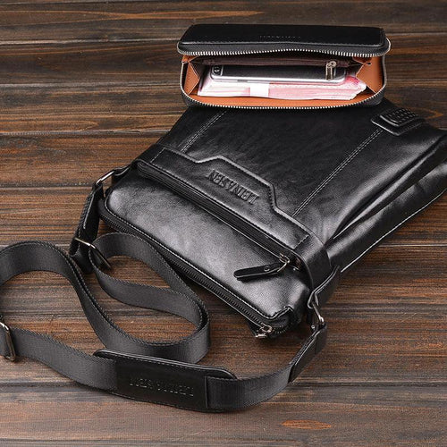 Mandotos men's messenger bag made of durable leather, featuring adjustable shoulder strap and multiple compartments for storage.