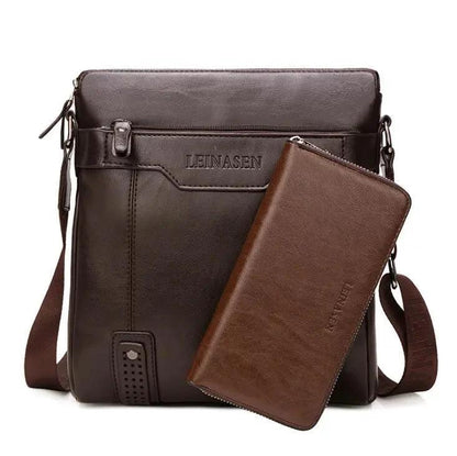 Mandotos men's messenger bag made of durable leather with adjustable shoulder strap, front flap, and multiple compartments.