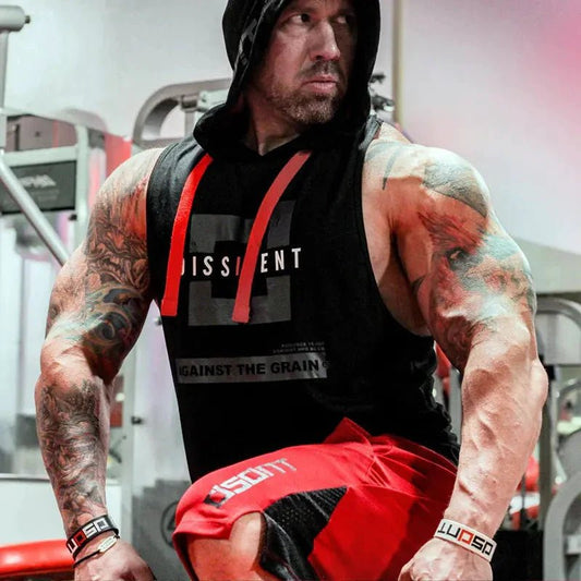 Men's breathable active hooded workout tank by MANDOTOS, featuring lightweight fabric and a comfortable fit for exercise.