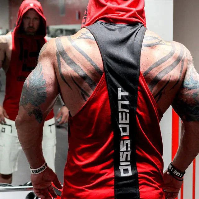 Men's breathable active hooded workout tank by MANDOTOS, featuring lightweight fabric and a hood for versatile fitness wear.