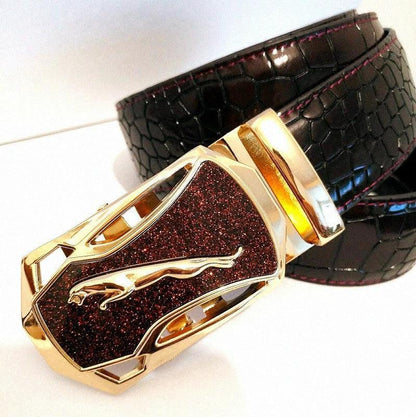 Men's leather belt with automatic buckle featuring a leopard sports car design, by MANDOTOS.