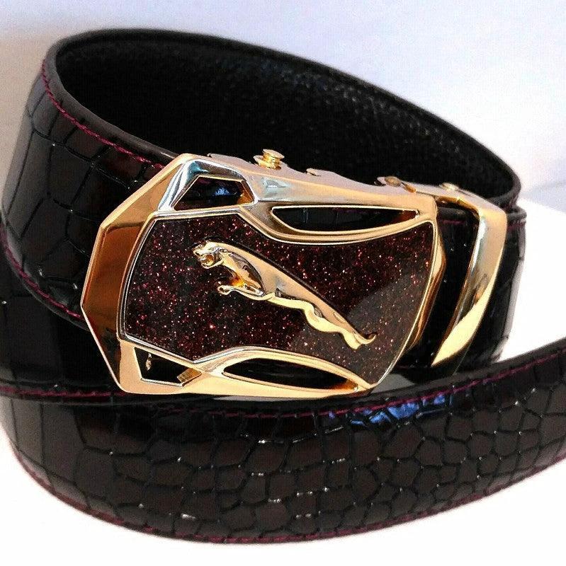Men's automatic buckle leather belt by MANDOTOS featuring a stylish leopard sports car design.