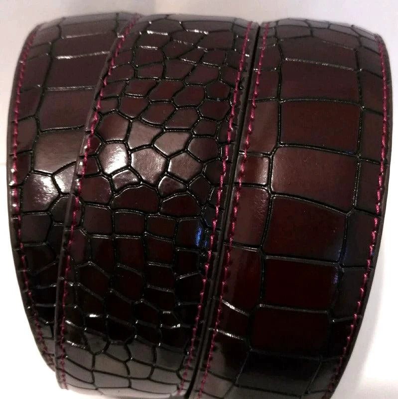 Men's leather belt with automatic buckle featuring a leopard sports car design by MANDOTOS.