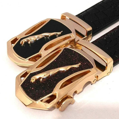 Men's leather belt with automatic buckle featuring a leopard sports car design by MANDOTOS, stylish and durable accessory.