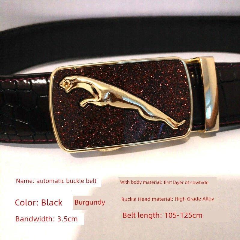 Men's leather belt with automatic buckle featuring a leopard sports car design, by MANDOTOS.