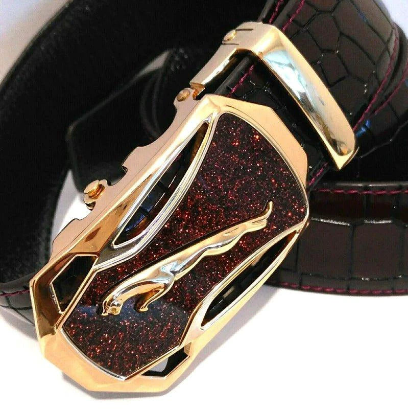 Men's leather belt with automatic buckle featuring a leopard sports car design by MANDOTOS.