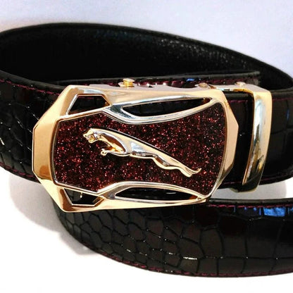 Men's leather belt with automatic buckle featuring a leopard and sports car design by MANDOTOS.