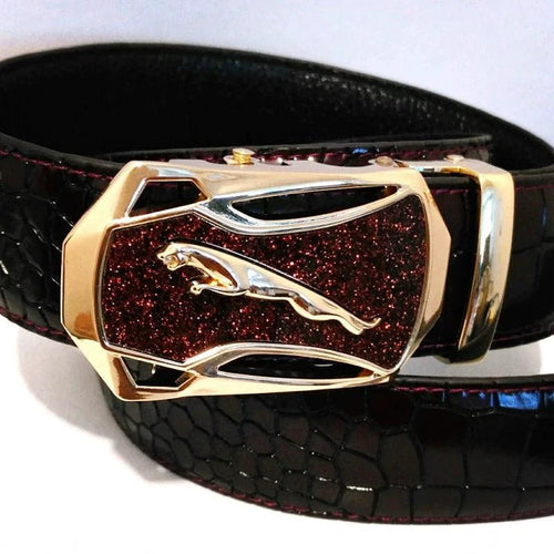 Men's leather belt with automatic buckle featuring a leopard and sports car design by MANDOTOS.